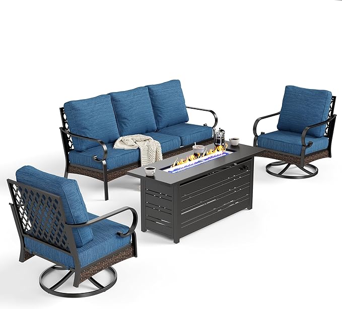 SUNSHINE VALLEY 4 Piece Black Metal Outdoor Patio Furniture Sets with Firepit Table, Patio Conversation Sets 1 3-Seater Sofa, 2 Swivel Sofa with 5.75" Thick Cushion Backyard Furniture for Deck, Blue-2