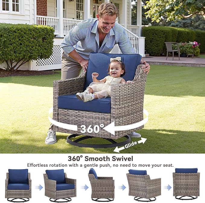 Outdoor Swivel Rocker Patio Chairs-High Back Wicker Swivel Rocker Patio Chairs Set of 2,PE Wicker Chair Patio Furniture Sets with Covered Cushions for Porch Balcony Patio Grey/Blue