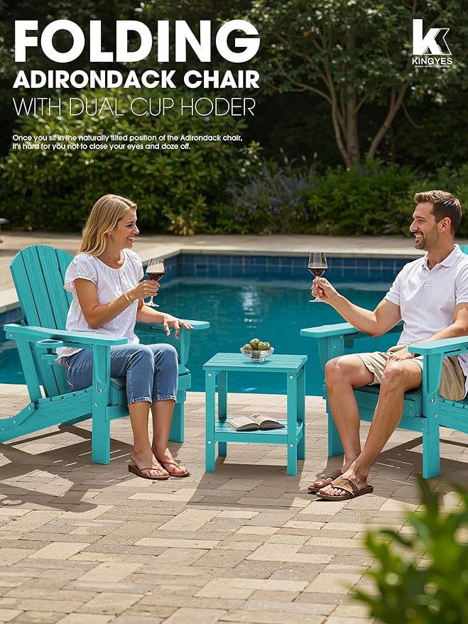 KINGYES Folding Adirondack Chair Set of 2, Dual Cup Holders & All-Weather HDPE, Wood-Like Patio Chair for Backyard, Camping, Pool & Fire Pit, Aruba