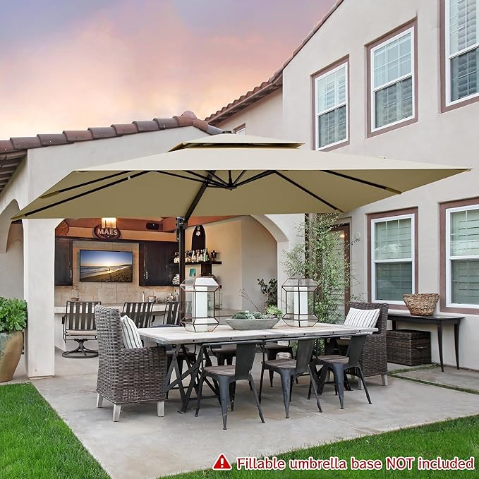 9x12FT Beige Cantilever Outdoor Patio Umbrella with Base, Large Rectangular Offset Design, Double Top Heavy Duty Aluminum Frame & 360° Rotation for Pool Garden Deck Backyard