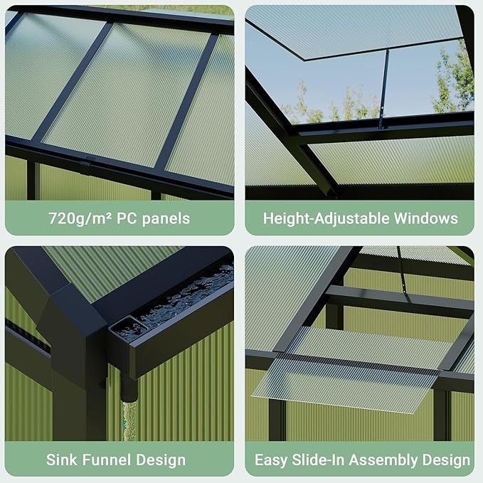 Greenhouse, 6x10 Ft Outdoor Greenhouses, Accessible Green House with Roof Vents and Sliding Doors, Aluminum Frame Polycarbonate Greenhouses, Large Greenhouse for Outdoor Gardens and Backyards, Black