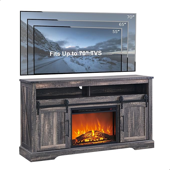 OKD Farmhouse Fireplace TV Stand for 70 Inch TV, 34" Tall Highboy Entertainment Center w/Electric Fireplace, Rustic Media Console w/Sliding Arched Door for Living Room,Dark Rustic Oak