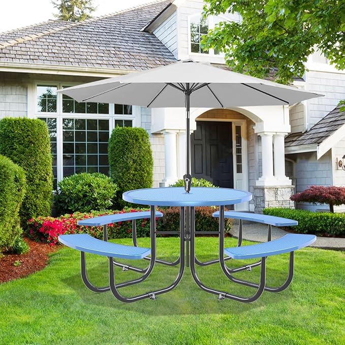 dafrigic 46" Round All Weather Resistant Commercial Picnic Table for Outdoors, Heavy Duty Picnic Table up to 4600 lbs with Umbrella Hole for School, Warehouse, Coffee Shop, Blue