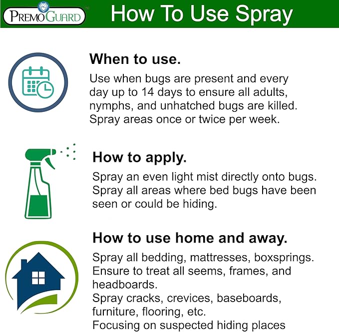 Premo Guard Bed Bug Killer Spray 16 oz - University Tested 100% Kill Rate - Natural Non Toxic, Stain & Scent Free - Kill Bedbugs & Mites On Bed & Blankets, Furniture, Clothing - Child & Pet Safe