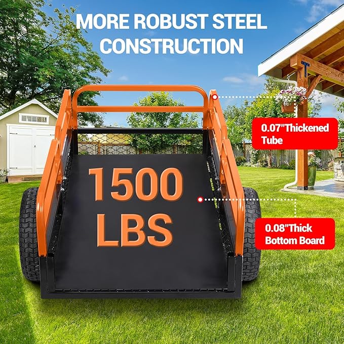 Heavy Duty ATV Trailer Steel Dump Cart, 1600 Lbs 15 Cubic Feet Garden Trailer Pull Behind with Removable Sides & All Terrain Tires for Lawn Mower, ATV & Yard Work