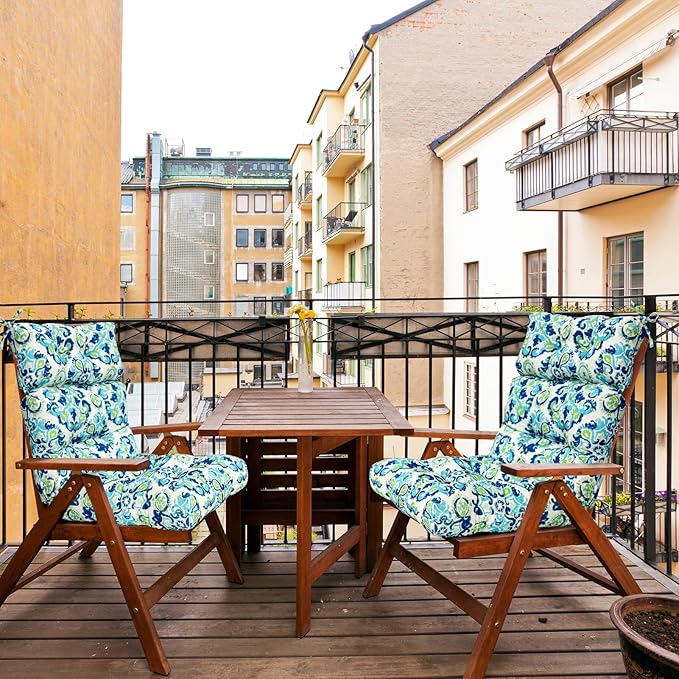 EAGLE PEAK Tufted Outdoor/Indoor High Back Patio Chair Cushions, Set of 2, 46'' x 22'', Green/Blue Modern