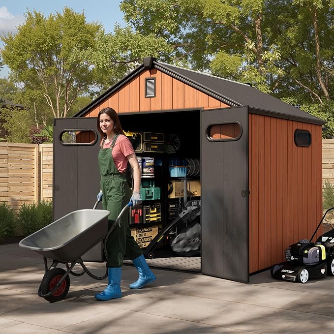 CRESTLIVE 8x8 FT Rust-Resistant Plastic Outdoor Storage Shed, Waterproof Resin Garden Shed with Floor, Doors, Skylight & Vent for Lawn Tools & Bikes