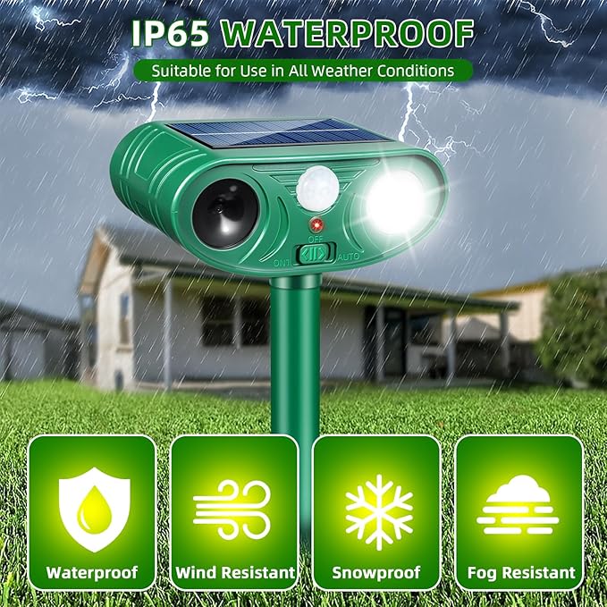 Solar Ultrasonic Animal Repellent Outdoor 2 Pack Cat Rabbit Squirrel Dog Deer Repellent Devices Coyote Skunk Raccoon Fox Deterrents Light Animal Repeller with Motion Sensor for Yard Garden