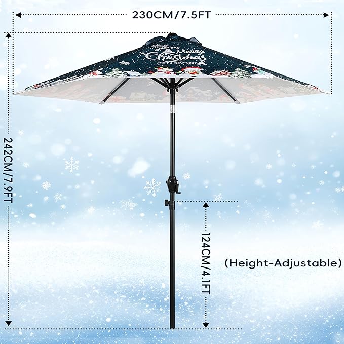 7.5FT Christmas Patio Umbrella, Outdoor Table Umbrella with Push Button Tilt and Crank, Market Umbrella with 6 Steel Ribs, Dark Teal