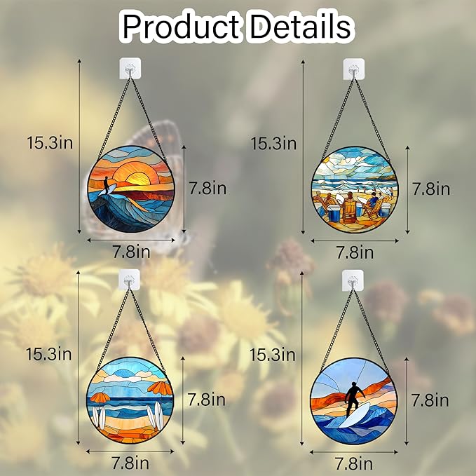 AMDERVEN Stained Glass Window Hanging 4 Pcs Set Blue Ocean Surfing Beach 7.8" - Suncatcher Door Garden Sun Catcher Decor Birthday Mother's Day for Firefighte Men Woman Nana Mom