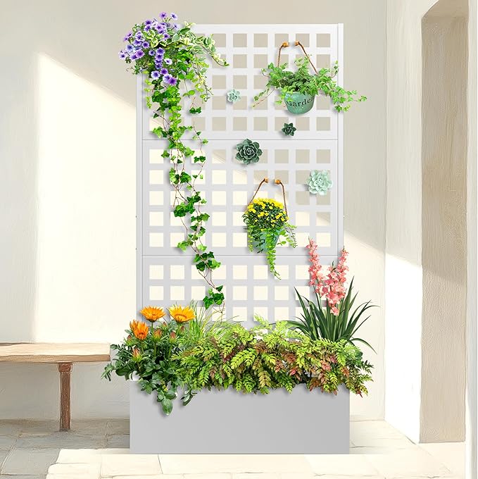 Metal Planter Box with Trellis & Wheels, Raised Garden Bed with Privacy Screen, Outdoor Standing Flower Beds with Drainage Hole for Climbing Plants, Vine, 35" Lx16 Wx71 H