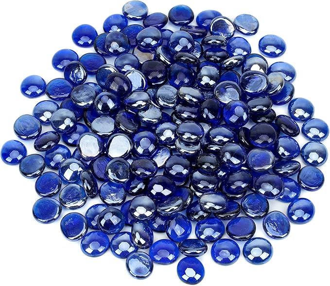 onlyfire Flat Fire Glass Beads for Propane Fire Pit, 1/2 Inch Reflective Firepit Glass Rocks 10 Pounds Flat Marbles for Gas Fireplace and Fire Pit Table, High Luster Royal Cobalt Blue