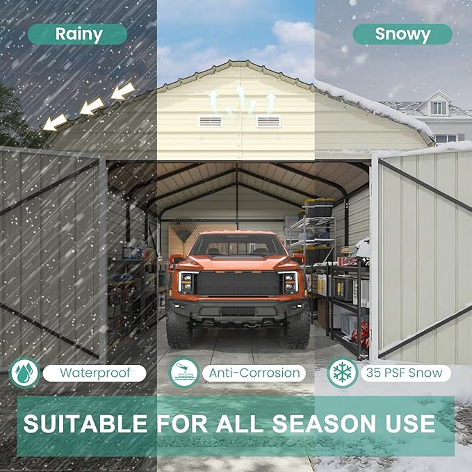 EROMMY 12x20 FT Heavy Duty Carport - Galvanized Steel Frame Car Shelter with Reinforced Base, Enclosed Storage Shed for Cars & Trucks, Gray