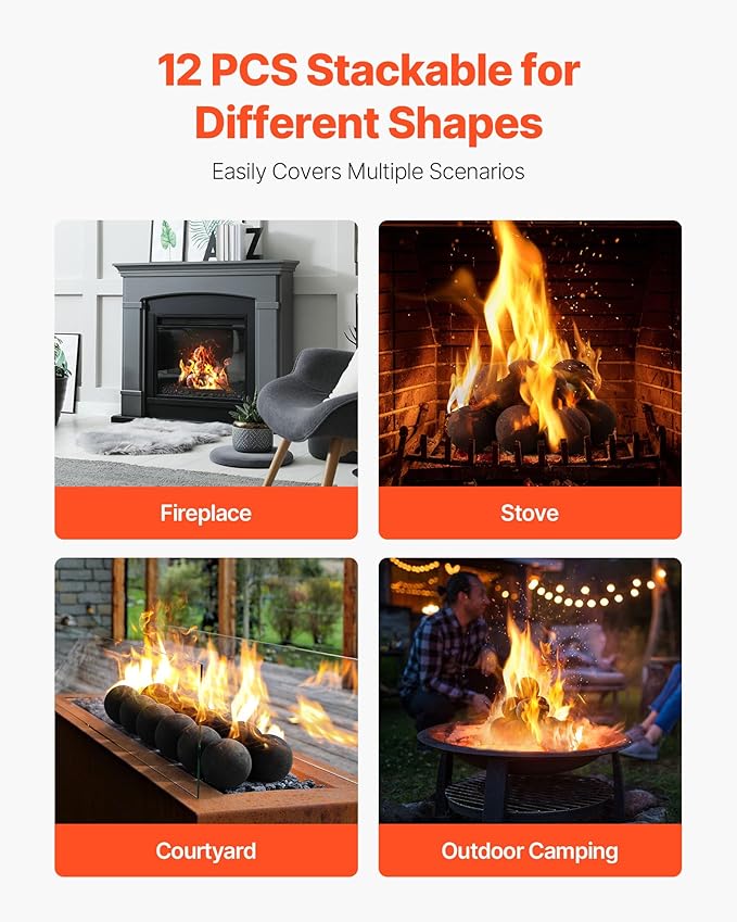 VEVOR Ceramic Fire Balls, 4 Inch 12 Pcs Round Fire Stones, Reusable Lava Rocks Indoor and Outdoor Use, Decorative Fire Pit Rocks for Propane/Gas Fireplace, Stove, Courtyard, Camping, Black