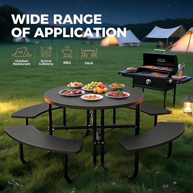 Rueekfil 46" Coated Picnic Table with Umbrella Hole, Heavy Duty Commercial Picnic Table for Outdoors, Family & Party Ready for School Camping, Round, Black