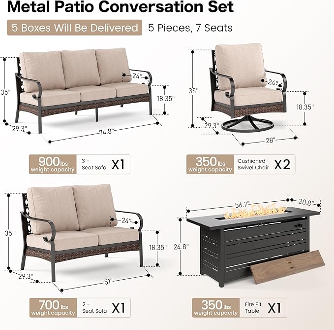 SUNSHINE VALLEY 5 Piece Metal Outdoor Patio Furniture Sets with Firepit Table, Patio Conversation Sets 1 3-Seater Sofa, 1 2-Seater Loveseat, 2 Swivel Sofa with 5.75" Cushion for Backyard Deck, Beige