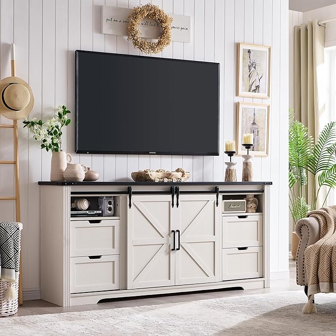 JXQTLINGMU Farmhouse Fireplace TV Stand for 75,80 Inch TV, 32" Tall Entertainment Center w/4 Drawers & Sliding Barn Door, 70-Inch Highboy Media Console for Living Room, Off White
