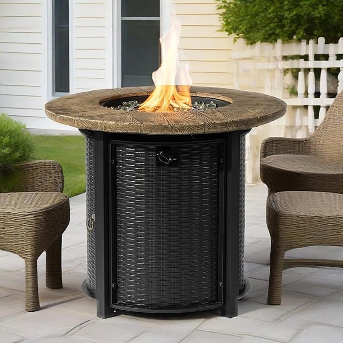 30" Round Propane Fire Pit Table, 50,000 BTU Outdoor Steel Patio Heater with Wood Grain Finish for Deck Garden & Backyard Use, Steel Lid & Lava Rock Included