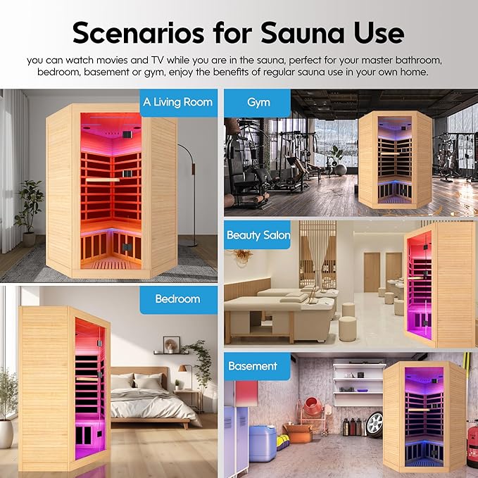 2-3 Person Sauna Corner Sauna Far Infrared Saunas Room Canadian Hemlock Indoor 2180W Low-EMF Dry Saunas with 7 Color Therapy