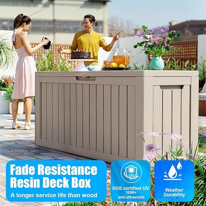 Vixzen 86 Gallon Resin Deck Box, Lockable Outdoor Storage Box for Patio Cushions Storage Furniture,Garden Tools, Pool Supplies, Weatherproof and UV Resistant- Grey