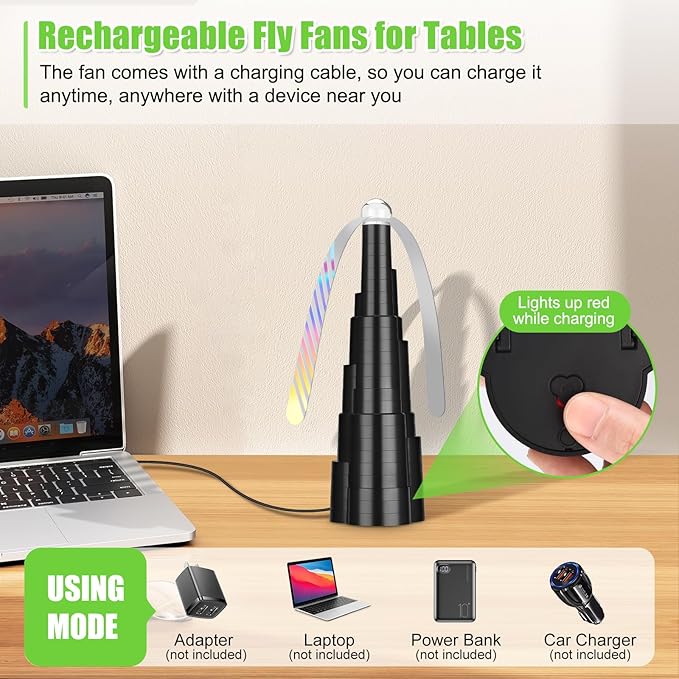 Fly Fans for Tables, Rechargeable Fly Fan for Outdoor Table, Food Fan Table Top with Colorful Light, Fly Spinner for Home Party Picnic, Restaurant, Camping