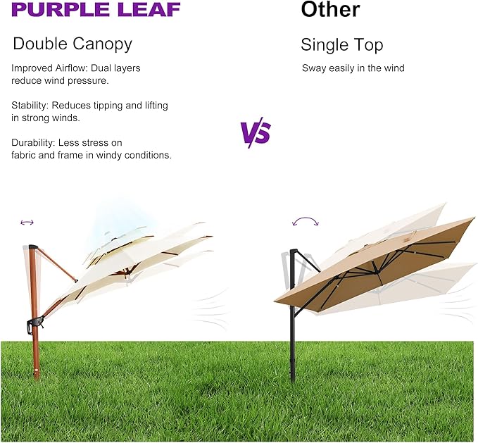 PURPLE LEAF Cantilever Umbrella with Base Outdoor Round Umbrellas Large Cantilever Umbrella Windproof Offset Heavy Duty Sun Umbrellas for Garden Deck Pool Patio, 13ft Cream