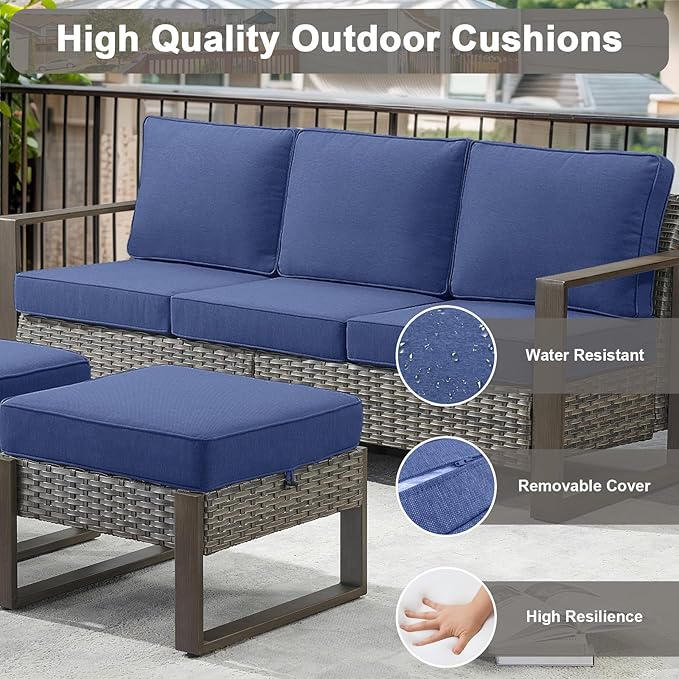 6 Piece Outdoor Patio Furniture Set with Propane Fire Pit Table, Wicker Patio Conversation Set with2 Patio Wicker Chairs Rattan Sofa and Removable 4" Thick Cushions for Deck Backyard