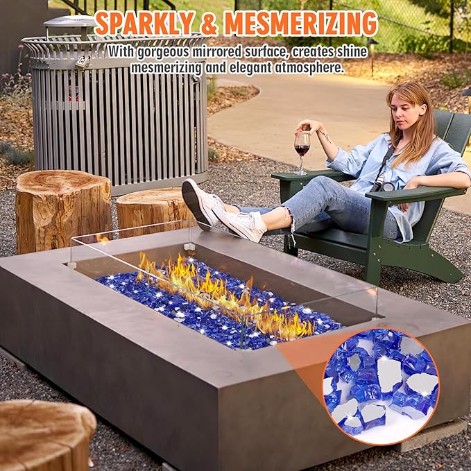 Mesida Fire Glass for Propane Fire Pit - 10 lb Reflective High Luster Glass Rocks, Cobalt Blue 1/2-Inch Fire Pit Glass for Indoor/Outdoor Fireplace & Fire Table, Tempered Decorative Firepit Rocks
