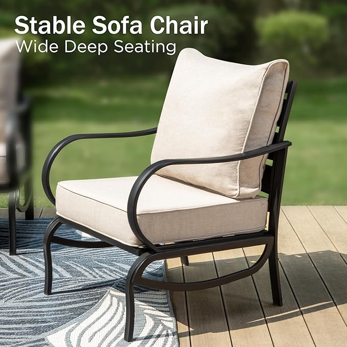 PHI VILLA 6 Piece Patio Furniture Sets with 1 x 3 Seater Padded Deep Seating Bench, 4 x Leg Cushioned Sofa Chairs and 1 x Coffee Table, Outdoor Conversation Metal Furniture Set for 7