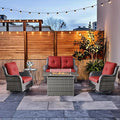 HUMMUH Patio Furniture Set with Fire Pit Table 5-Piece Wicker Outdoor Swivel Rocker Patio Chairs Loveseat Conversation Set for Porch, Backyard, Deck