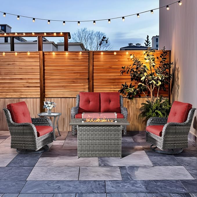 HUMMUH Patio Furniture Set with Fire Pit Table 5-Piece Wicker Outdoor Swivel Rocker Patio Chairs Loveseat Conversation Set for Porch, Backyard, Deck