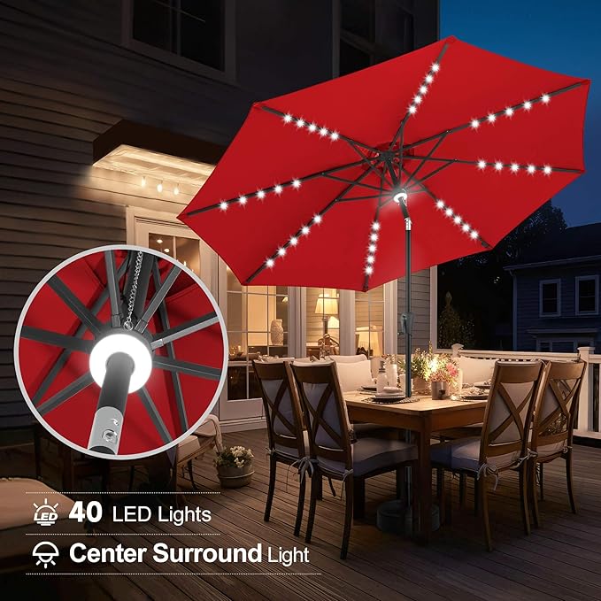 FLAME&SHADE 10 ft Solar Powered Outdoor Market Patio Table Umbrella with LED Lights and Tilt, Red