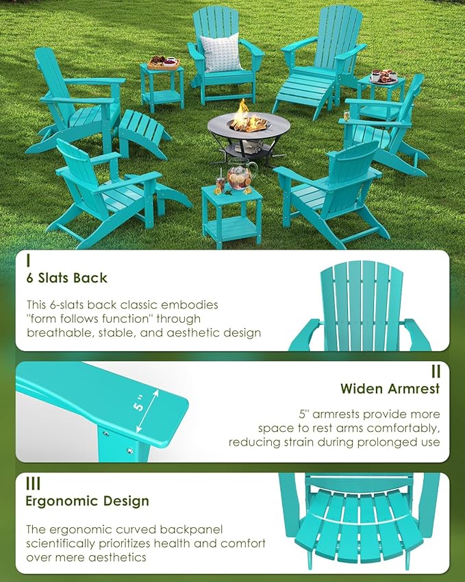 GREENVINES Adirondack Chairs Set of 6 | HDPE Plastic | Oversized Fire Pit Chair | All Weather | Aqua | Poly Lumber | for Outdoor Deck Backyard Patio Garden