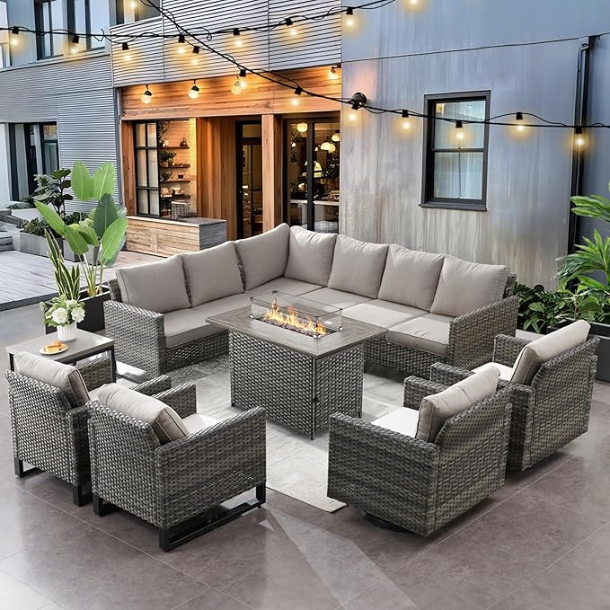 HUMMUH 8 Piece Patio Furniture with Fire Pit,PE Wicker Outdoor Conversation Sets-6-Seater Sofa,Patio Swivel Chairs Outdoor Chairs, Propane Fire Pit,Side Table for Porch,Garden,Backyard