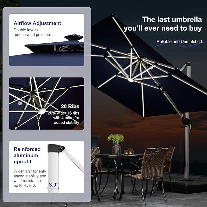 PURPLE LEAF 12 Ft Double Top Patio Cantilever Umbrella Outdoor Solar Powered LED Square Offset Large Garden Umbrella, Navy Blue