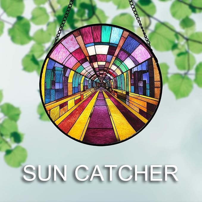 QZQCBLC Stained Glass Window Hanging Abstract Colorful Geometric Tunnel Large 11.8" - Suncatcher Door Garden Sun Catcher Decor Birthday Christmas for Woman Men Nana Friend Mom