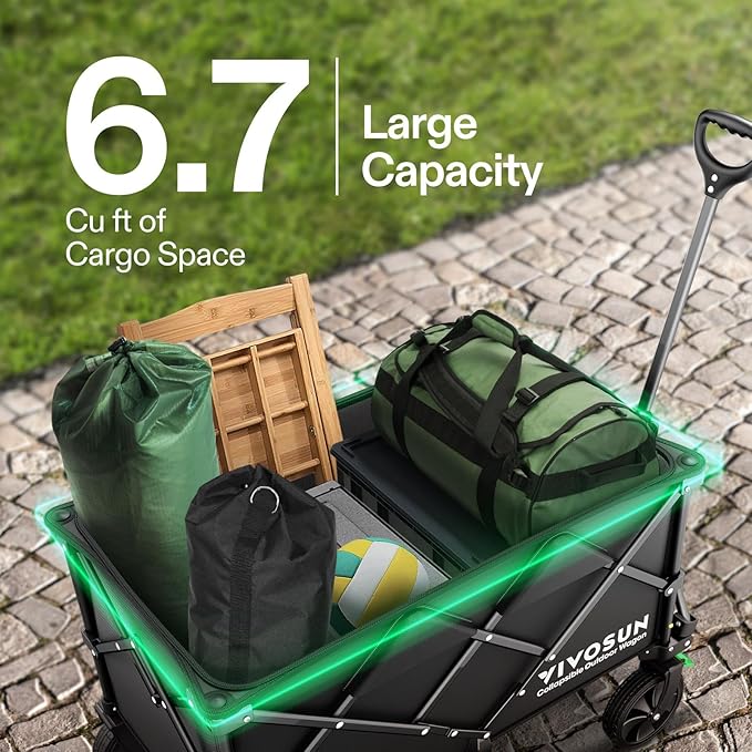 VIVOSUN Collapsible Folding Wagon, 350 lb Load-Bearing Outdoor Utility Cart with Silent Universal Wheels, Cup Holders &Side Pockets, Adjustable Handle, for Camping, Garden, Sports, Picnic, Shopping