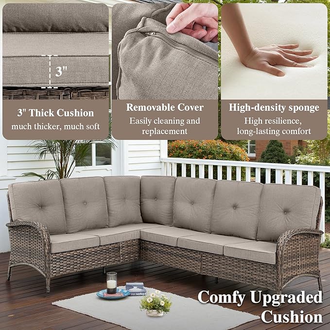 HUMMUH Outdoor Patio Furniture Set,L-Shaped Sectional Couches with Swivel Patio Chairs,Wicker Conversation Set for Deck,Backyard,Porch,Garden