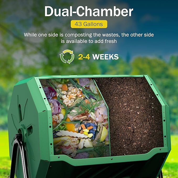Saicool 43 Gallon Large Dual Chamber Composting Tumbler Outdoor Garden Rotating Compost Bin Tumbling Composter with Sliding Door, Green
