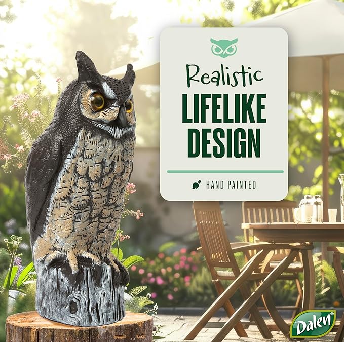 Dalen Large Fake Owl Decoy to Scare Birds Away - 16 in Hand-Painted Great Horned Owl Garden Scarecrow for Natural Pest Control - Fixed Head Design - Secure Upright by Filling with Sand/Gravel Only