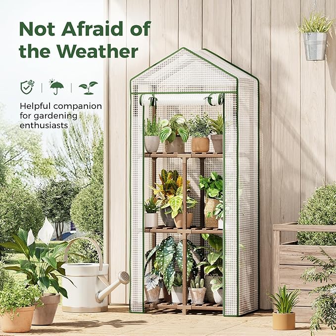 Bamworld Mini Greenhouse for Outdoor 3-Tierd Reusable Portable Warm House with PE Cover Compact Garden and Backyards Portable Rack with Sturdy Eucalyptus Frame Winter-Proof for Plant Protection