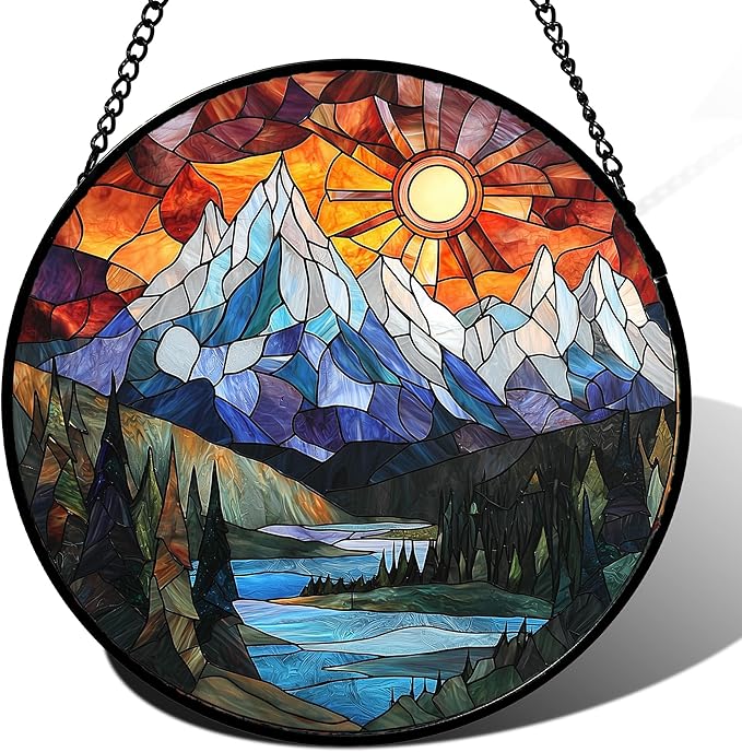 AMDERVEN Stained Glass Window Hanging - Colorful Mountain Lake Landscape Sun Catcher for Door Garden Home Decor Suncatcher Christmas Mother's Day Birthday Gifts for Women Men Mom Nana 6.3 in
