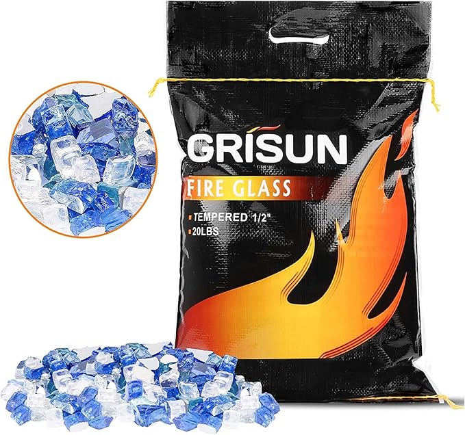GRISUN Fire Glass for Fire Pit, 20 Pounds 1/2 Inch High Luster Reflective Tempered Glass Rocks for Natural or Propane Fireplace, Safe for Outdoors and Indoors Firepit Glass