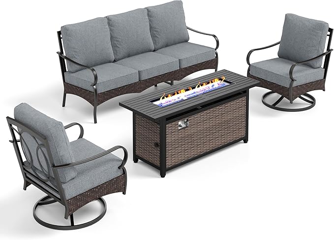 PHI VILLA Patio Furniture Set with 56" Fire Pit Table, Premium Outdoor Wicker Metal Frame Furniture with Upgraded Waterproof Thick Cushions for Porch, Poolside, Deck, and Yard （4 Pieces, Grey