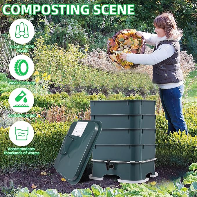 5-Tray Worm Compost Bin, Worm Composter for Outdoor & Indoor, 5-Tray ecocultivatify Wormie's Home Plus, Worm Bin Set for Recycling Household Waste (Dark Green)