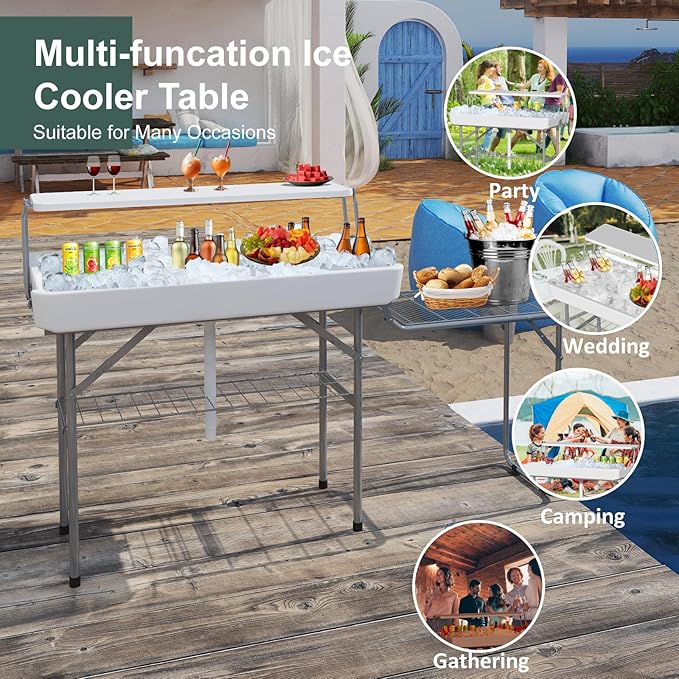 Two Tier Ice Cooler Table with Led Light, 4 Foot Outdoor Ice Table with Foldable Extension Stand, Matching Skirt & Drain Hose, Folding Cooler Server with Metal Shelf for Party, BBQ, Camping