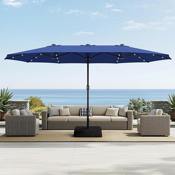 Sophia & William 15 ft Extra Large Patio Umbrella with Solar Lights, Rectangular Outdoor Umbrella with Base Included, Market Umbrella Double-sided Heavy Duty for Pool Garden Backyard, Navy Blue