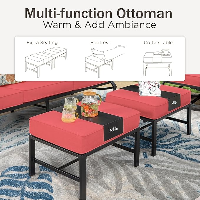 PHI VILLA 5 PCS Patio Furniture - Metal Deluxe Patio Set with 1 x 3 Seater Deep Seating Bench, 2 x Swivel Sofa Chairs & 2 x Metal Cushioned Ottoman, Outdoor for Garden, Red