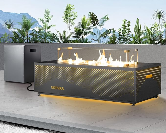 NICESOUL 42'' Outdoor Propane/Natural Gas Fire Pit Table, Rectangle Patio Firepits with Hidden Tank Table, 50000 BTU Modern Fireplace with LED Star Light for Outside Backyard, CSA Certified, Gray