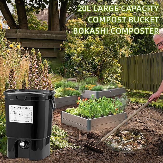 Bokashi Compost Bin, 5 Gallon Composter with Bokashi Bran, Indoor Compost Bin, Kitchen Countertop Compost Bin with Lid, Outdoor Composter Starter Kit